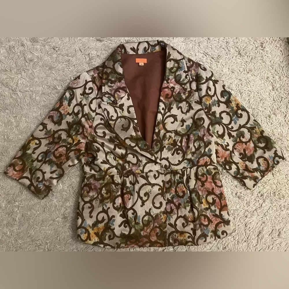MIDI beige floral jacquard 1/2 half sleeve jacket blazer 2